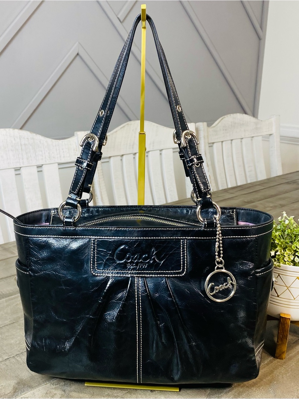 COACH F13761 Navy Blue Patent Leather Pleated Gallery East West Tote Bag Purse
